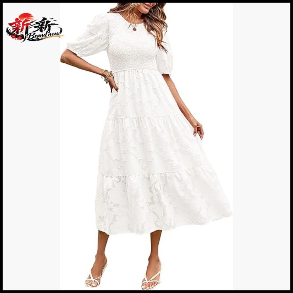 Puff Sleeve Smocked Floral Midi Dress with Lace and Ruffle Embellishment